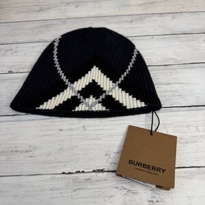 Burberry Navy and White Knit Hat, silver shimmer accents